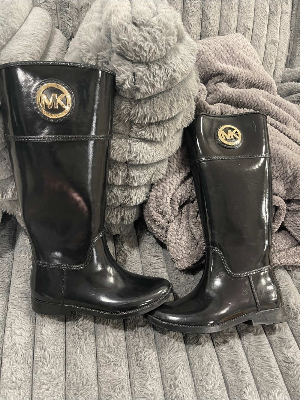 Michael Kors Black Patent Rain Boots with Gold Logo